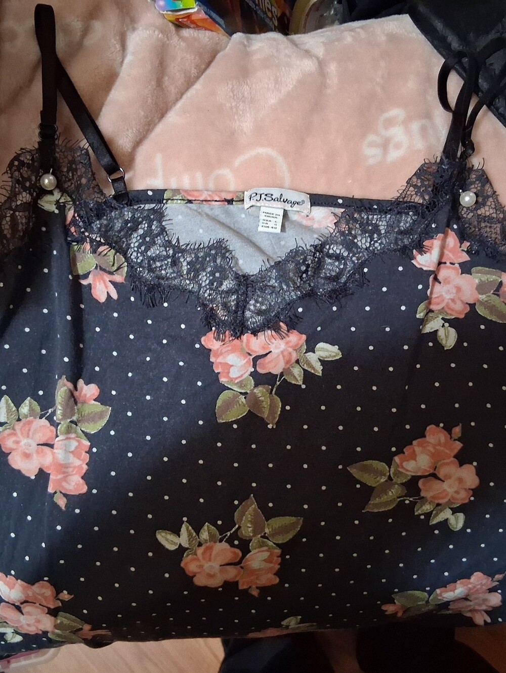 P.J. Salvage Black Bandeau with Pink Floral Print and Lace Trim